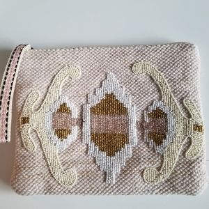 America & Beyond Laura Beaded Embellished Wristlet Clutch On Woven Jaquard